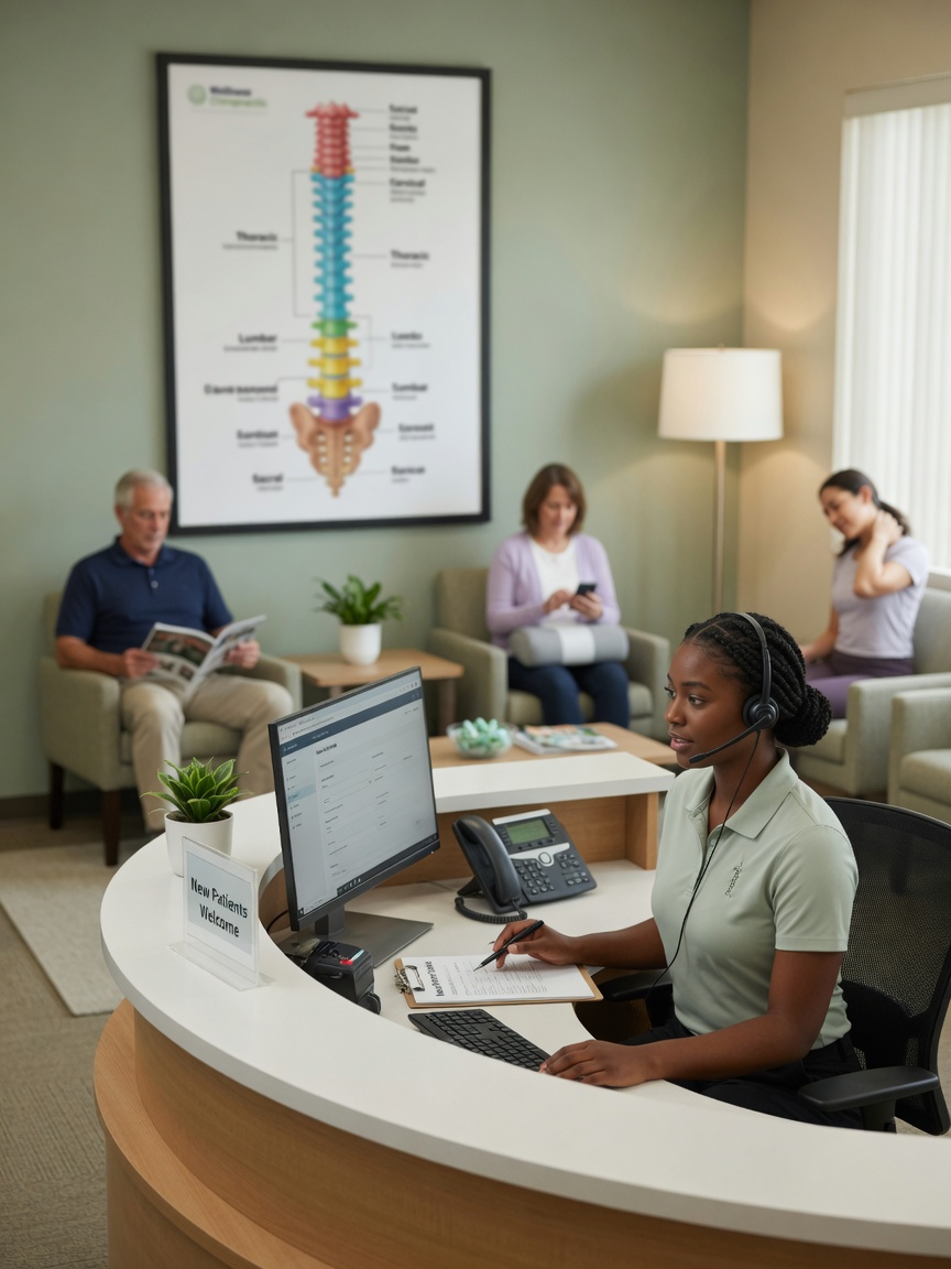 Chiropractic practice owner reviews a new-patient intake summary on his phone beside a modern adjustment room reception area