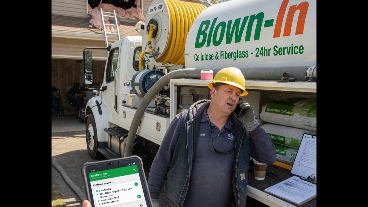 Cladding installer reviews a facade bid inquiry brief on his phone beside stacked ACM panels at a commercial jobsite