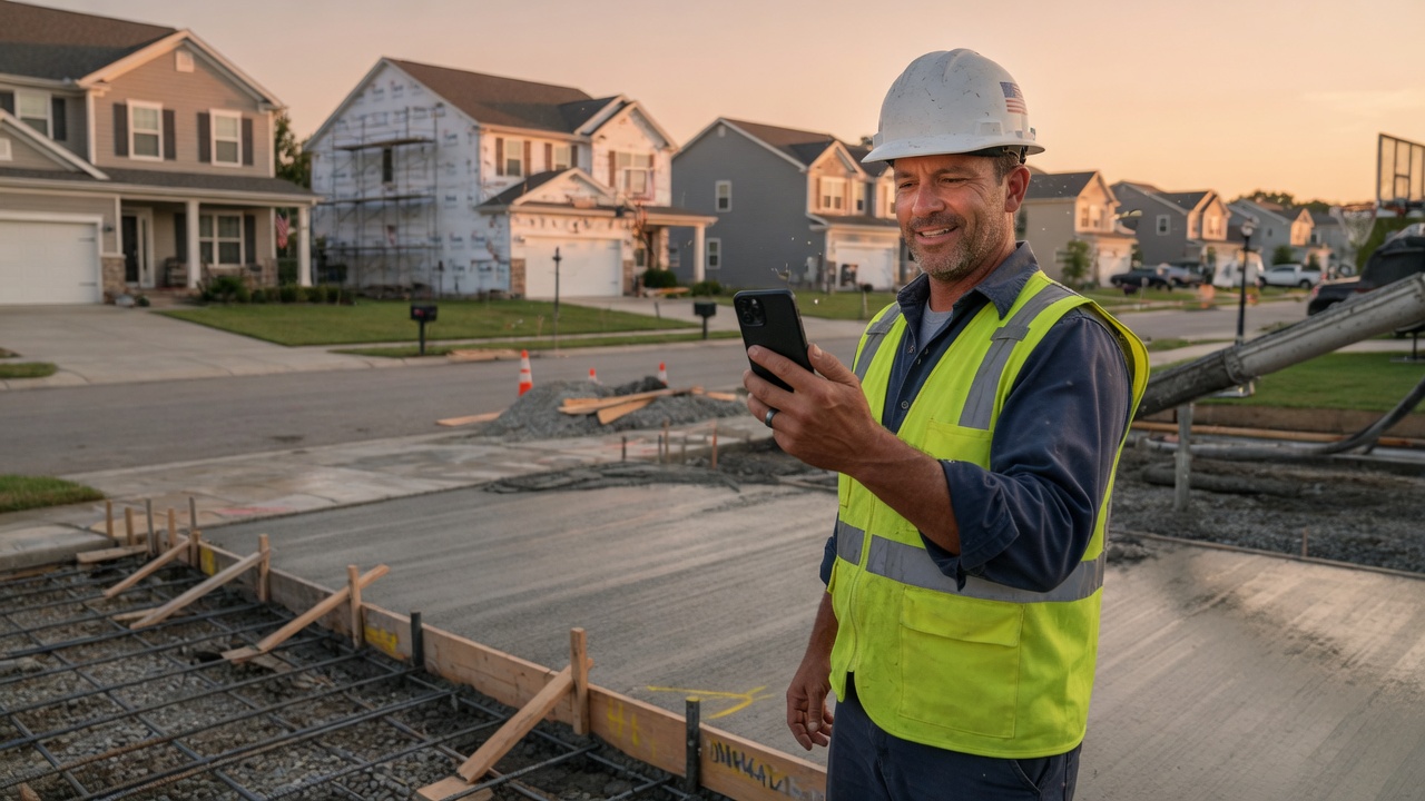 Concrete contractor reviews a flatwork estimate inquiry brief on his phone beside formed patio edges at a residential jobsite