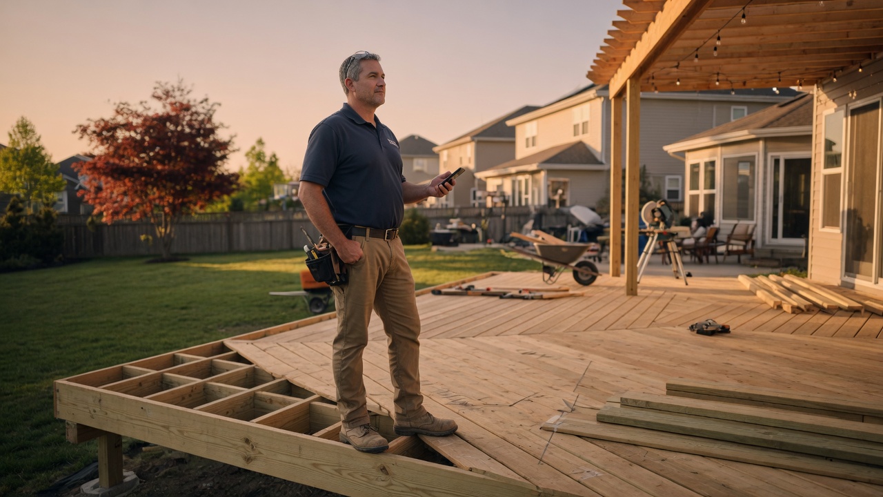 Deck builder reviews an estimate inquiry brief on his phone beside stacked composite boards at a residential jobsite