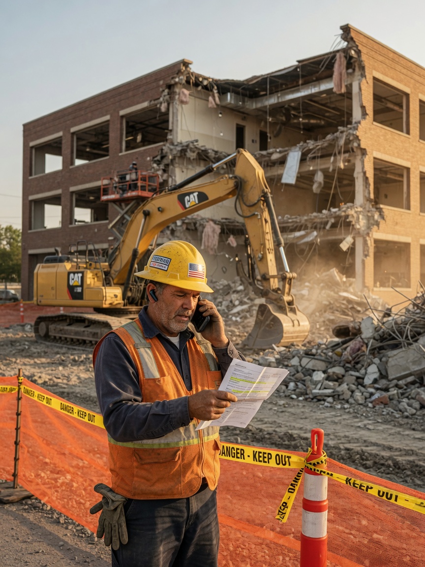 Commercial demolition foreman reviews a routed utility-call brief on his phone beside an active teardown exclusion zone