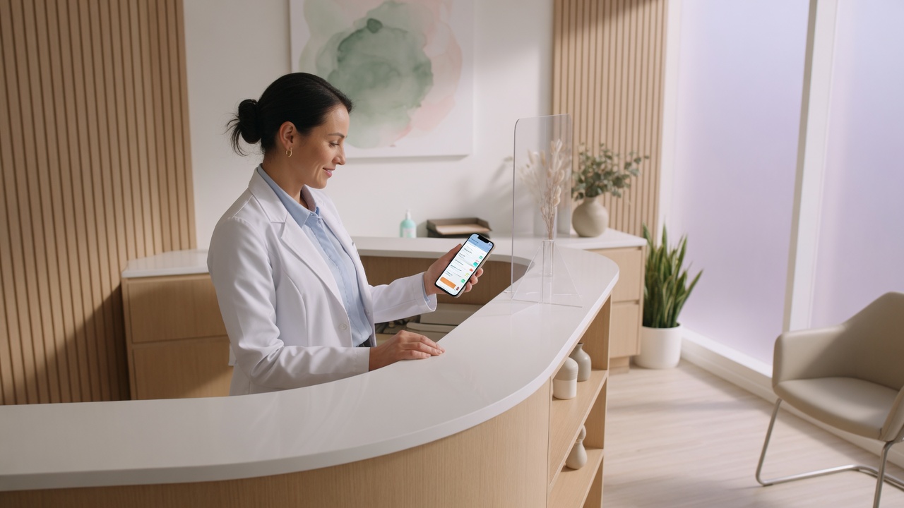 Dental practice owner reviews a new-patient intake summary on her phone beside a modern reception desk