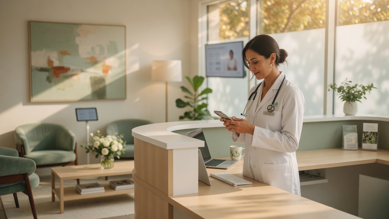 Dermatology practice owner reviews a cosmetic consult intake summary on her phone beside a modern medical-cosmetic reception desk