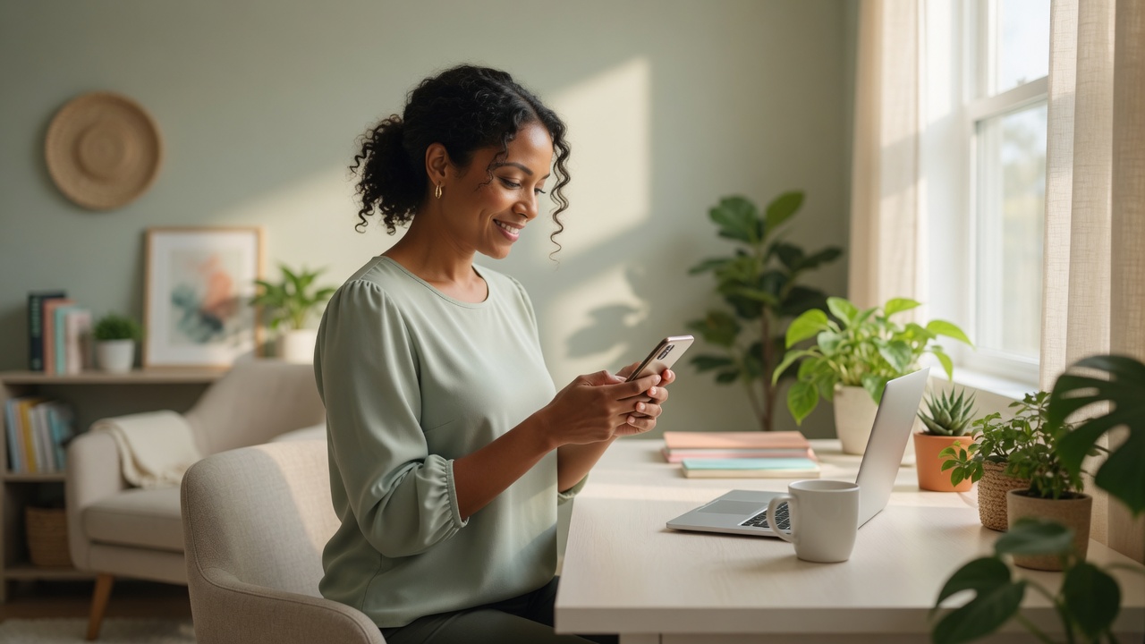 Registered dietitian reviews a new-client intake summary on her phone beside a bright telehealth nutrition consult setup