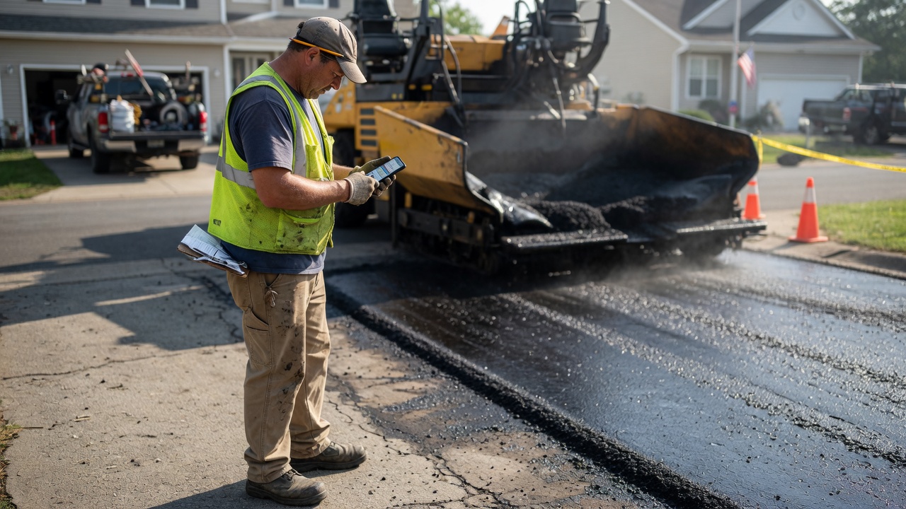 Driveway paving contractor reviews an estimate inquiry brief on his phone beside a residential asphalt pour