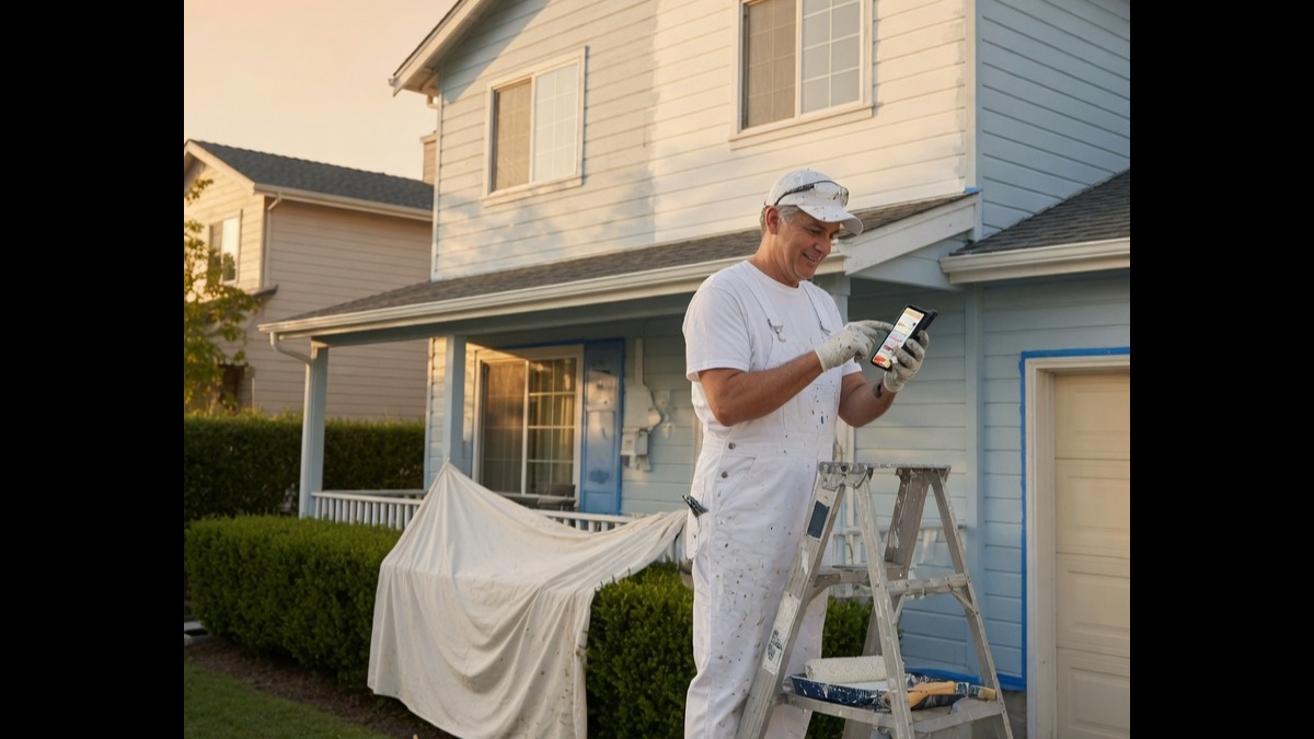 Drywall installer reviews a commercial bid inquiry brief on his phone beside stacked board at a hang-and-finish jobsite