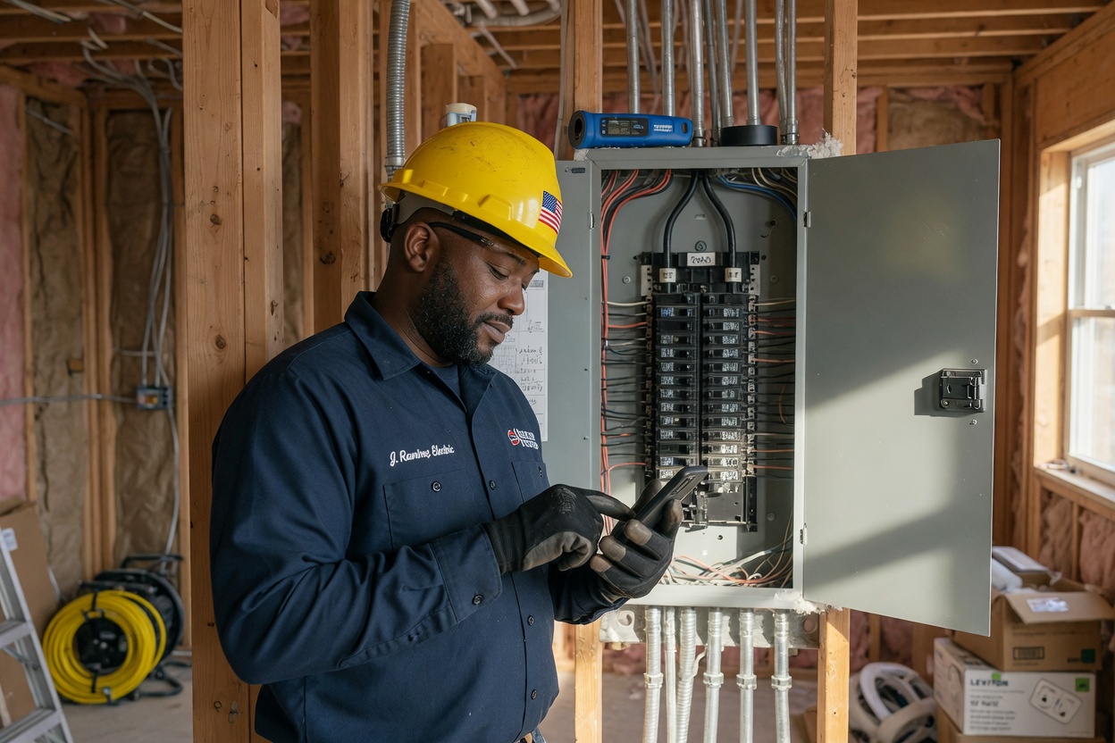 AI for electricians: contractor on site reviewing an after-hours job brief booked by the i10X superagent