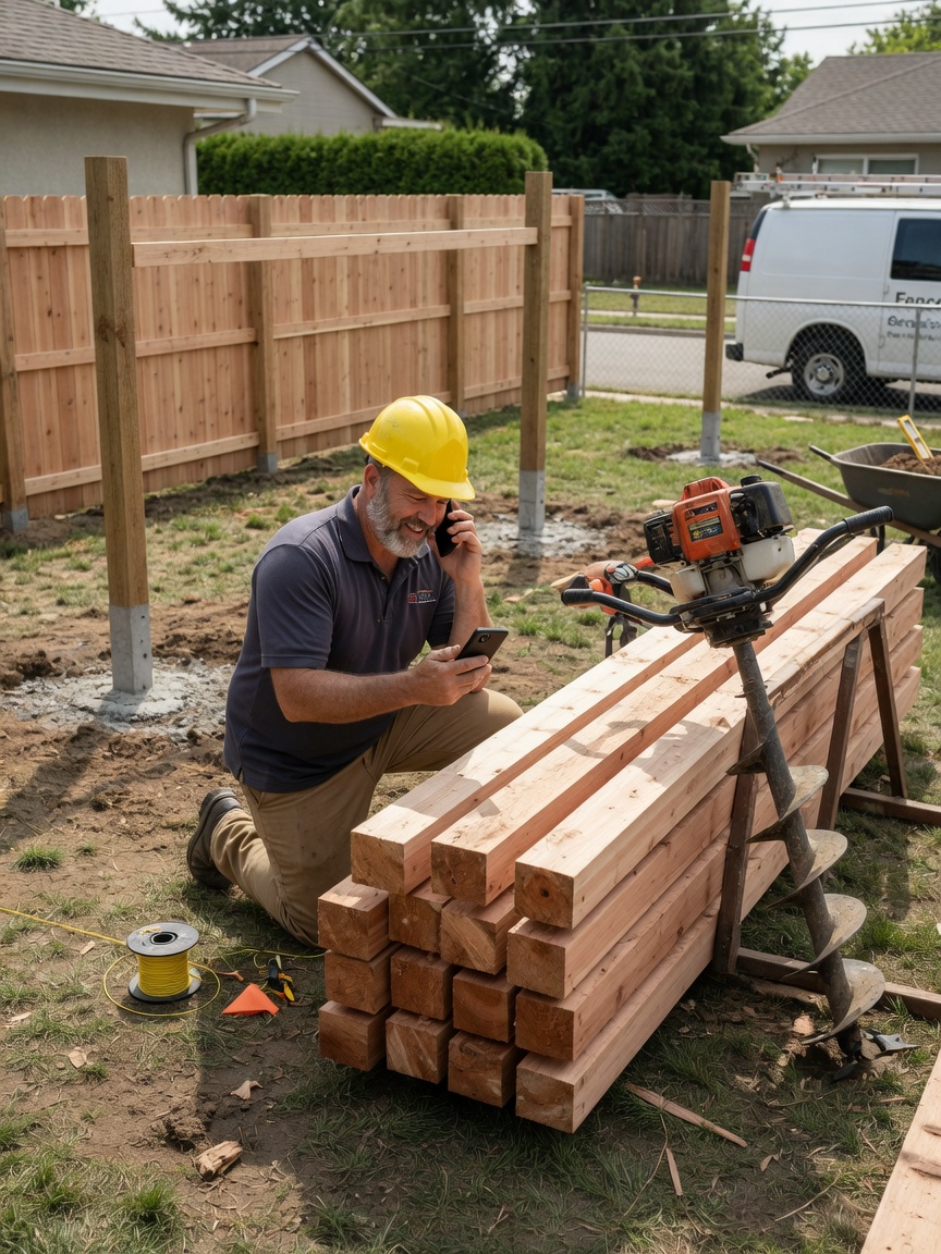 Fence installer reviews an estimate inquiry brief on his phone beside stacked cedar posts at a residential jobsite