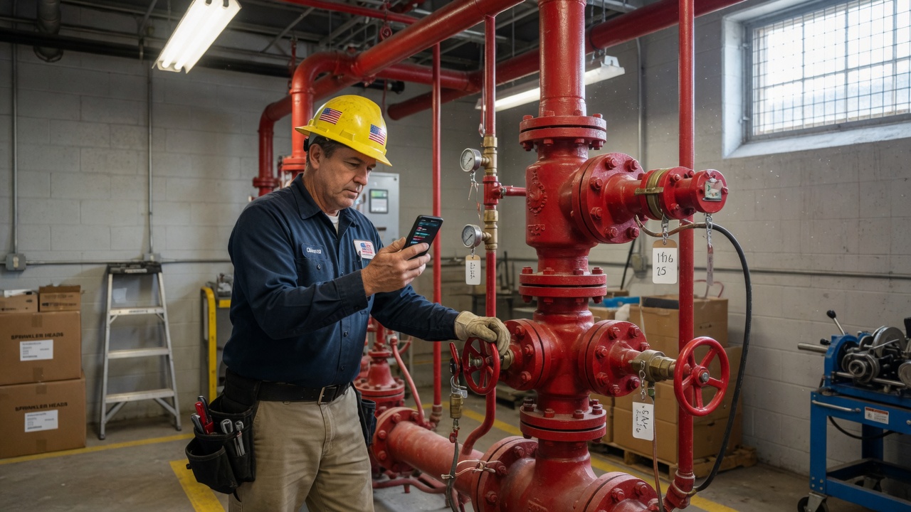 Fire sprinkler fitter reviews an inspection inquiry brief on his phone beside a commercial riser assembly
