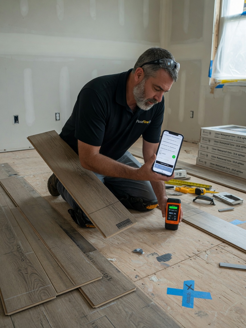 Flooring installer reviews a retail lead brief on his phone beside stacked hardwood cartons in a whole-home install