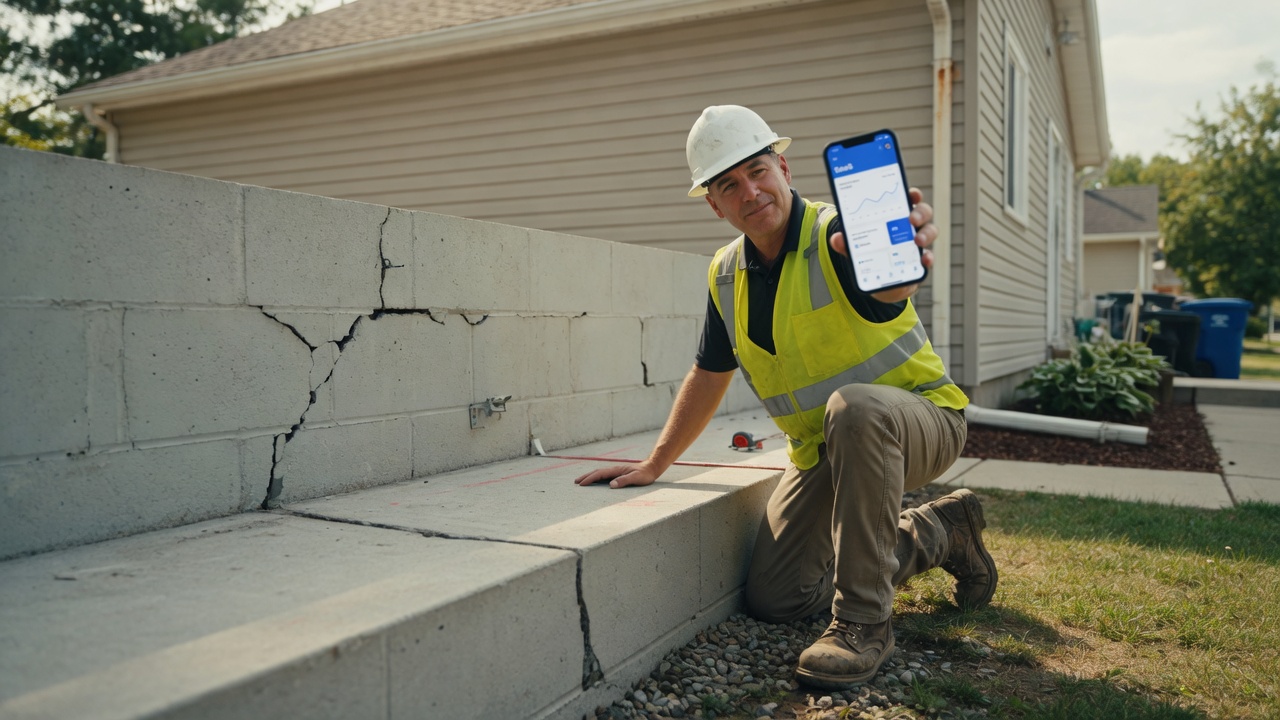 Foundation repair specialist reviews an inspection inquiry brief on his phone beside hydraulic pier equipment at a residential jobsite