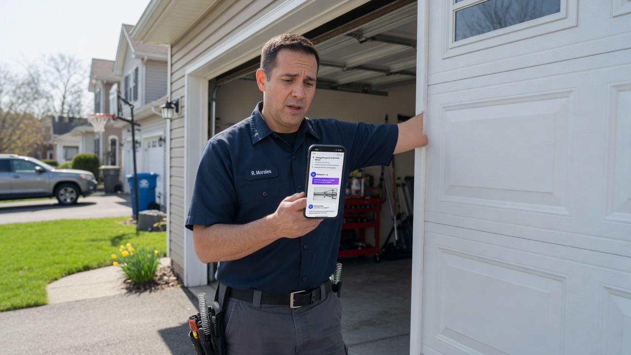 Garage door technician reviews a spring-emergency call brief on his phone beside an open sectional door at a residential jobsite