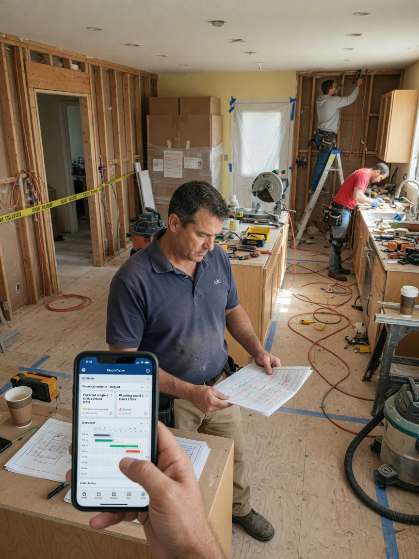 Residential general contractor reviews sub coordination and homeowner update drafts on his phone at an active remodel site