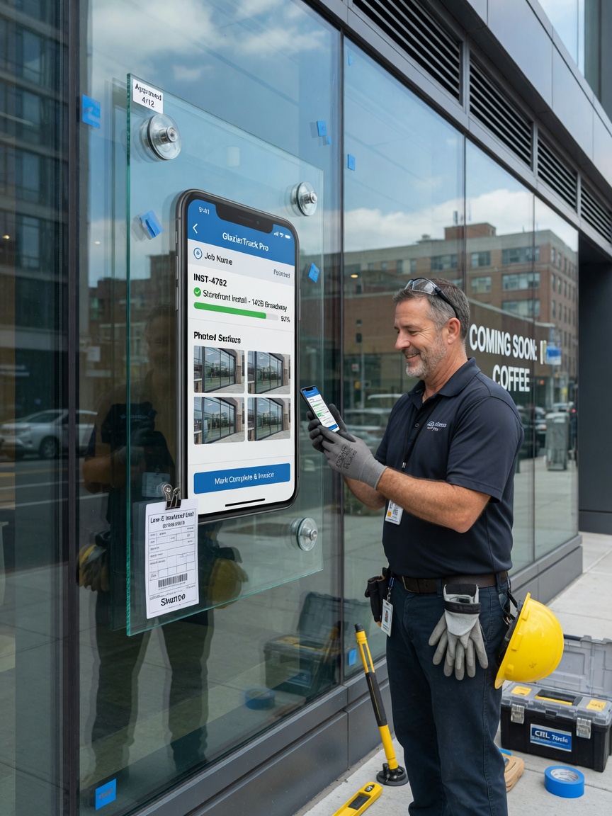 Commercial glazier reviews a bid inquiry brief on his phone beside a storefront curtainwall install