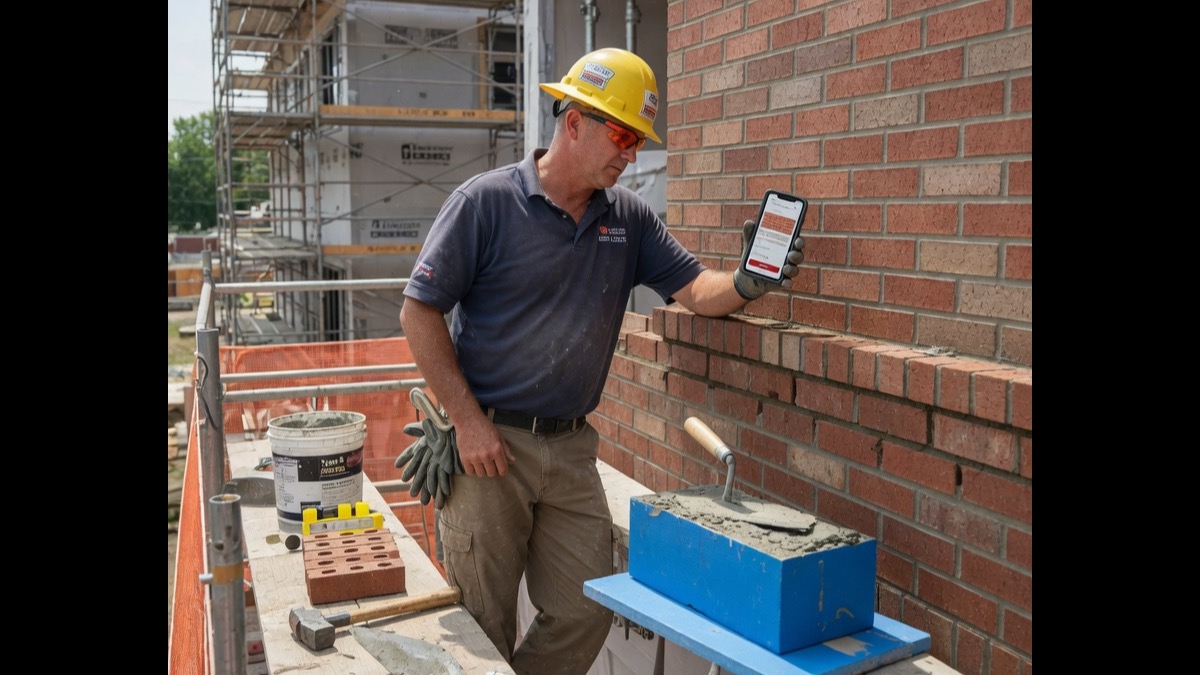 Heritage building specialist reviews a preservation bid inquiry brief on his phone beside historic brick at a masonry jobsite