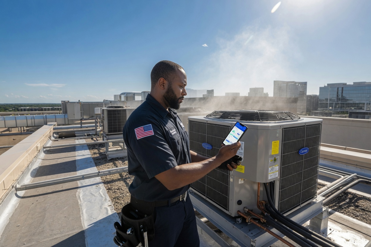 AI for HVAC technicians: tech on a rooftop unit reviewing a no-cool job booked by the i10X superagent