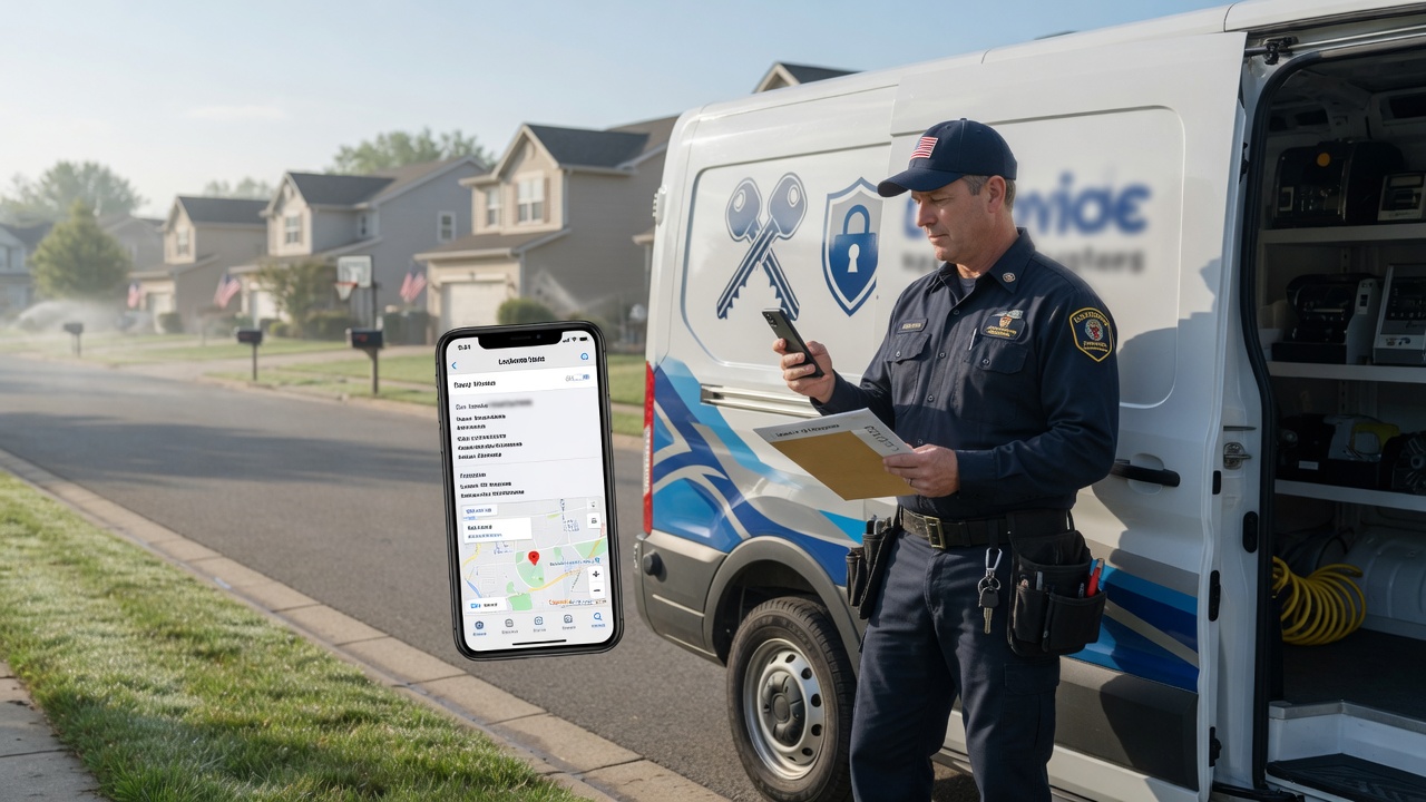 Locksmith reviews a lockout dispatch brief on his phone beside a service van at a commercial jobsite