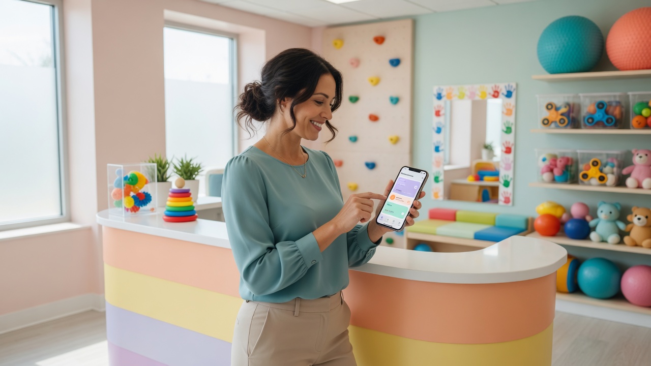 OT clinic owner reviews a school district referral intake summary on her phone beside a modern pediatric sensory gym reception desk