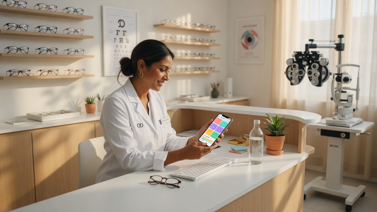 Optometry practice owner reviews a red-eye intake summary on her phone beside a modern exam lane and optical dispensary