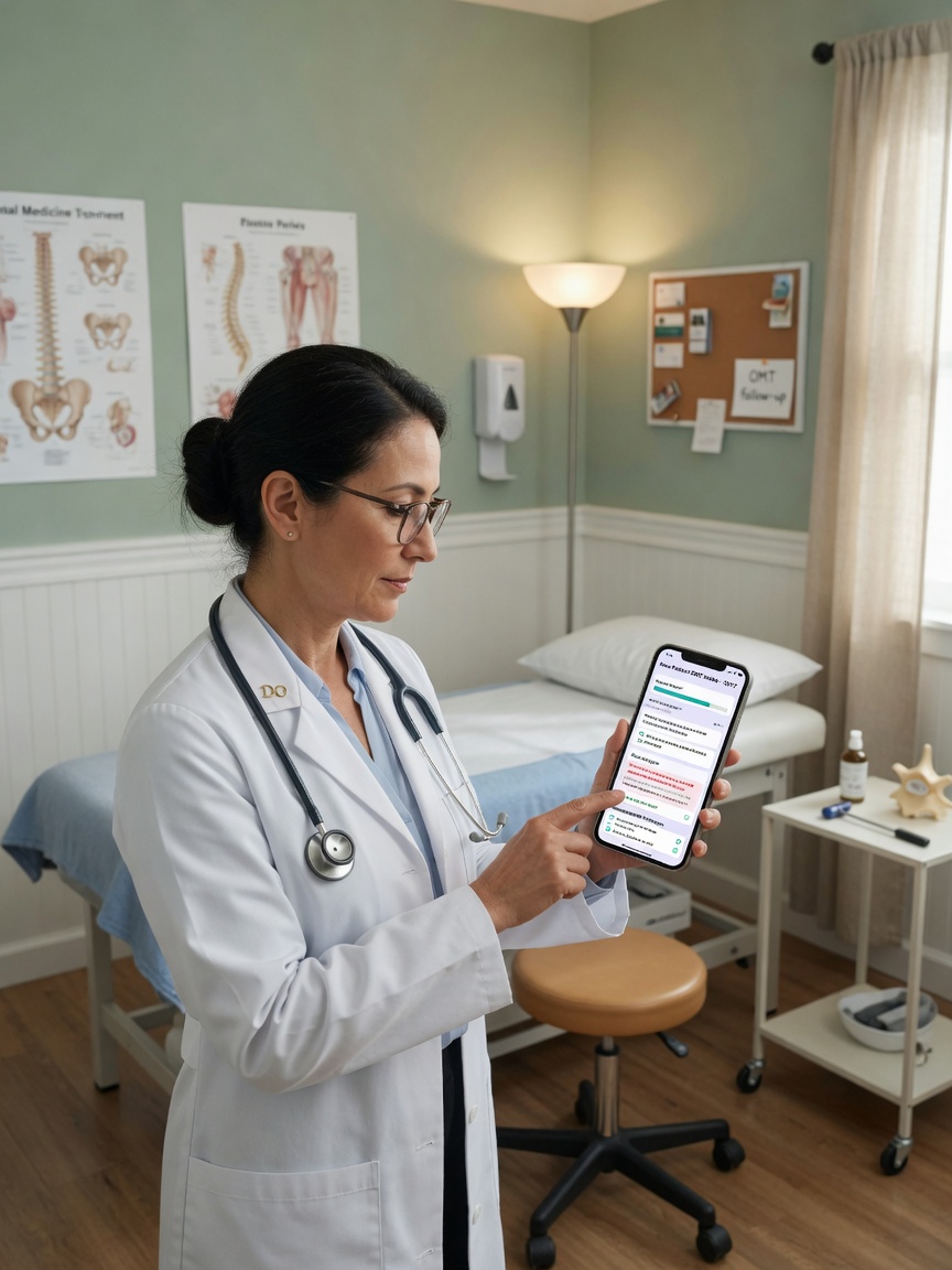 Osteopathic physician reviews a new patient intake summary on her phone beside a modern OMT treatment room