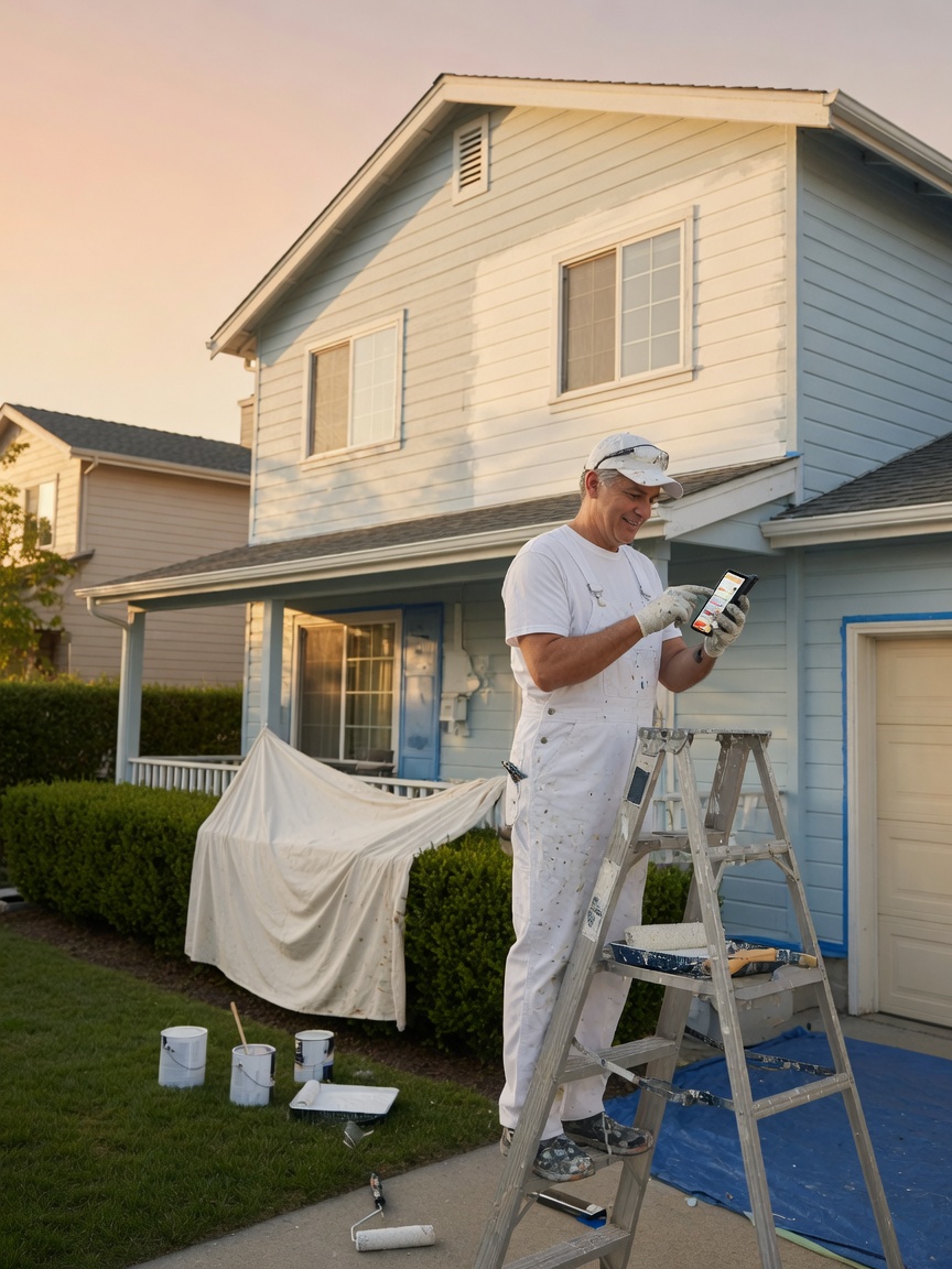 Painting contractor reviews an estimate inquiry brief on his phone beside a ladder at a residential exterior job