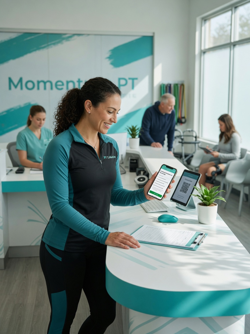 PT clinic owner reviews a new eval intake summary on her phone beside a modern outpatient reception desk