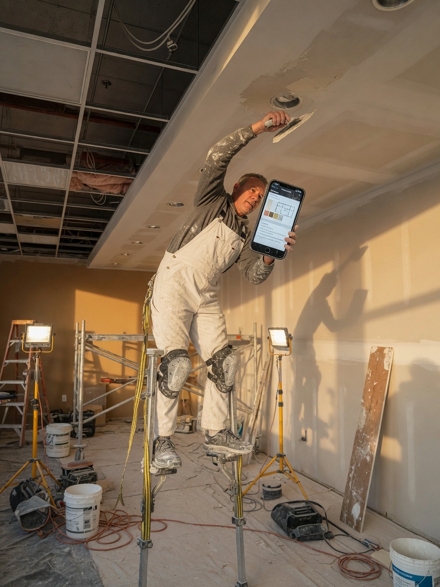 Plastering contractor reviews a bid inquiry brief on his phone beside scaffolding at a commercial interior plaster job