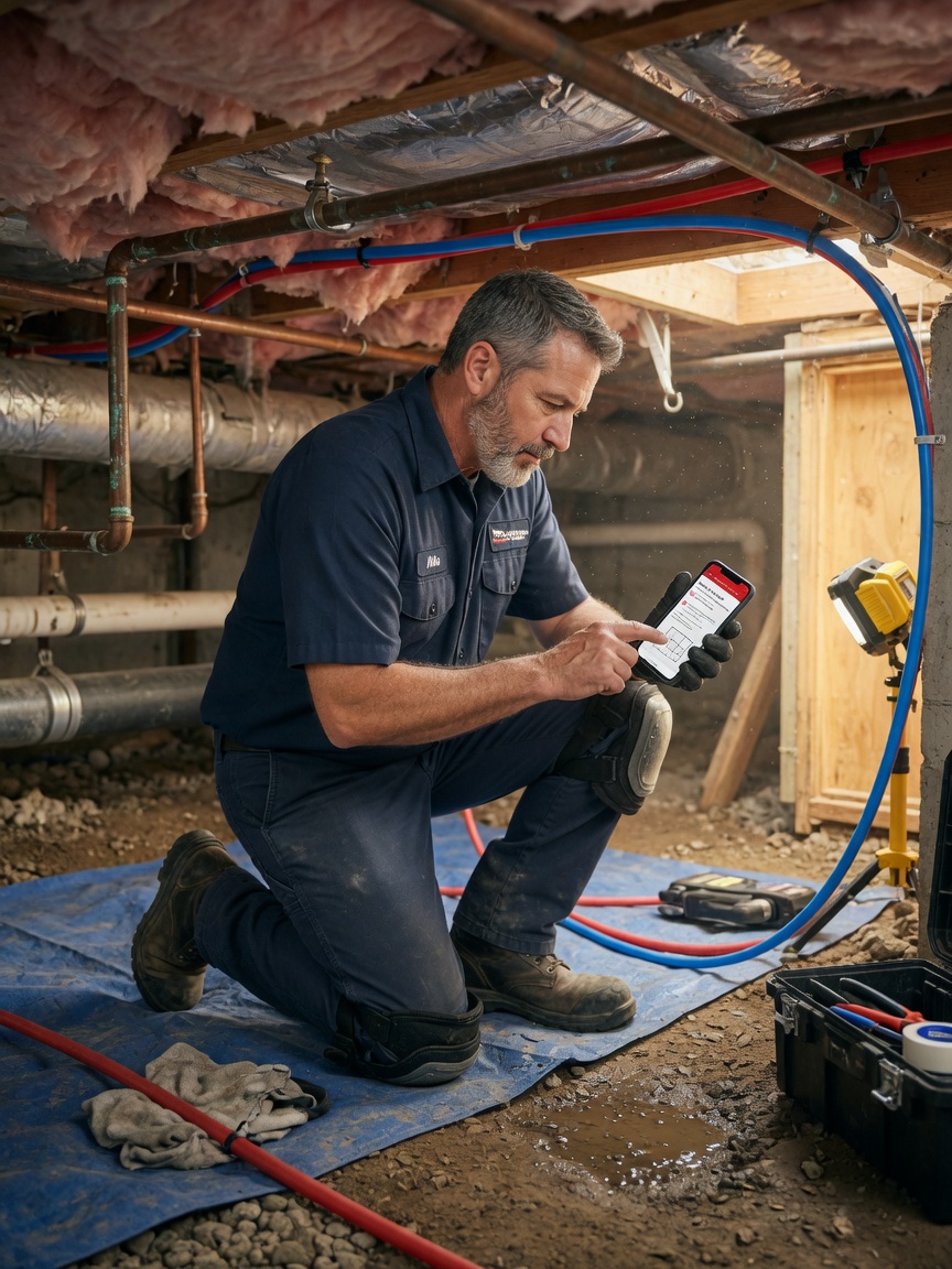 AI for plumbers: contractor in a crawlspace reviewing an active-leak job brief booked by the i10X superagent