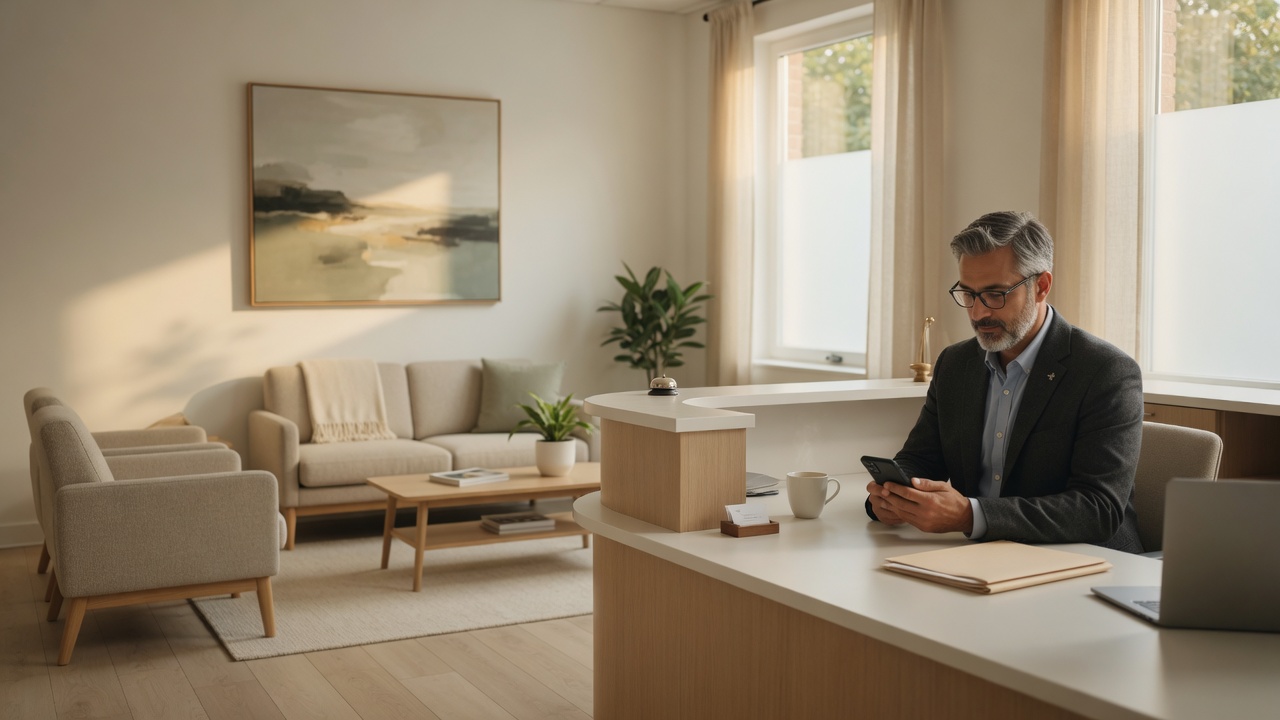 Psychiatrist reviews a new patient waitlist intake summary on her phone beside a calm outpatient practice reception desk