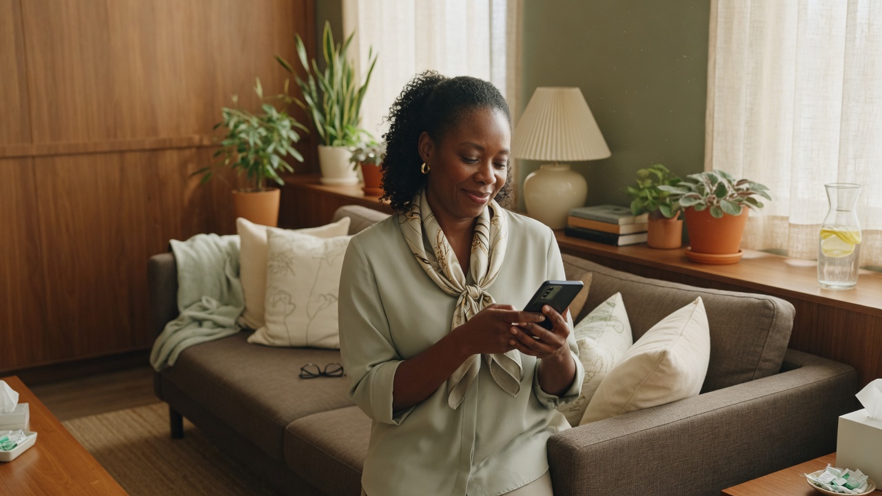Therapist reviews a new consultation intake summary on her phone beside a calm private practice reception area with a couch