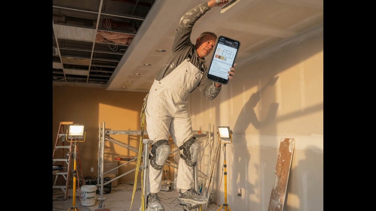 Rendering specialist reviews an EIFS callback brief on his phone beside exterior scaffold at a stucco facade jobsite