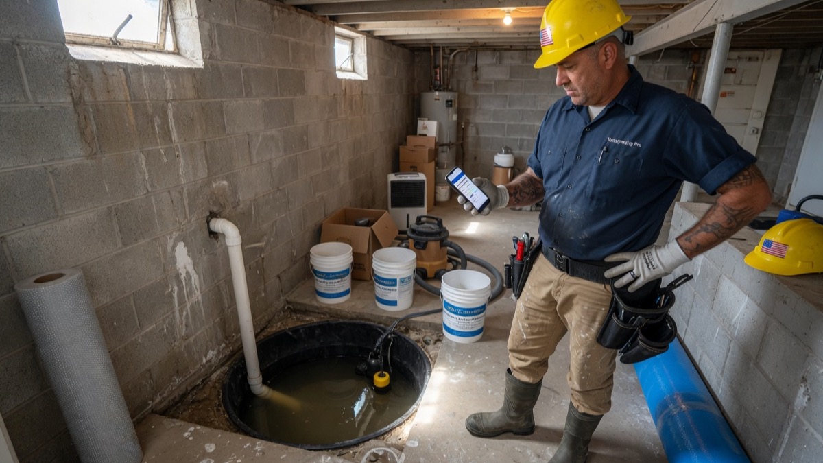 Restoration contractor reviews an emergency loss intake brief on his phone beside dehumidifiers at a water-damaged residential jobsite