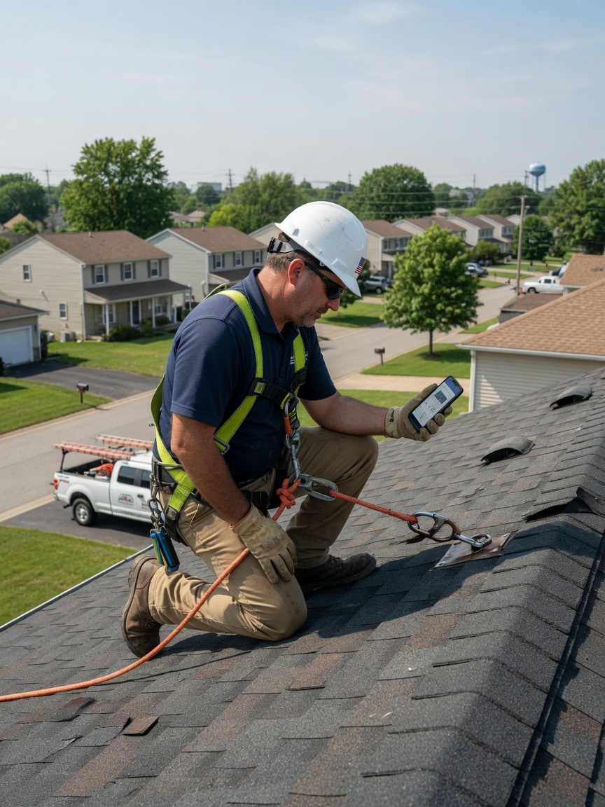 Residential roofing contractor reviews a storm-inspection inquiry brief on his phone beside a ladder and tear-off jobsite