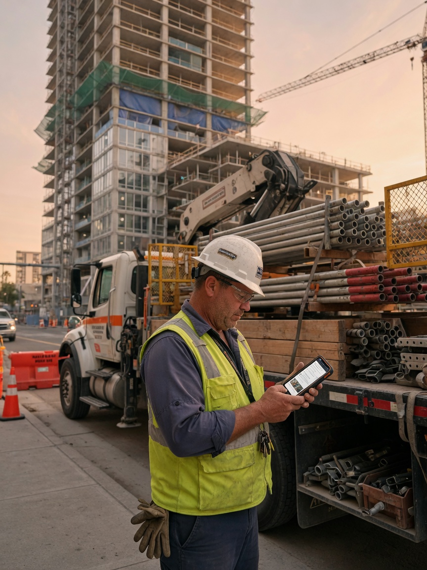 Commercial scaffold erector reviews a GC mobilization brief on his phone beside a loaded erection truck at a high-rise job site