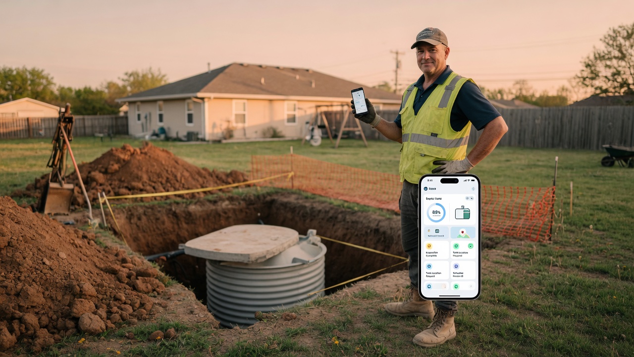 Septic installer reviews an install inquiry brief on his phone beside an excavator at a rural property jobsite