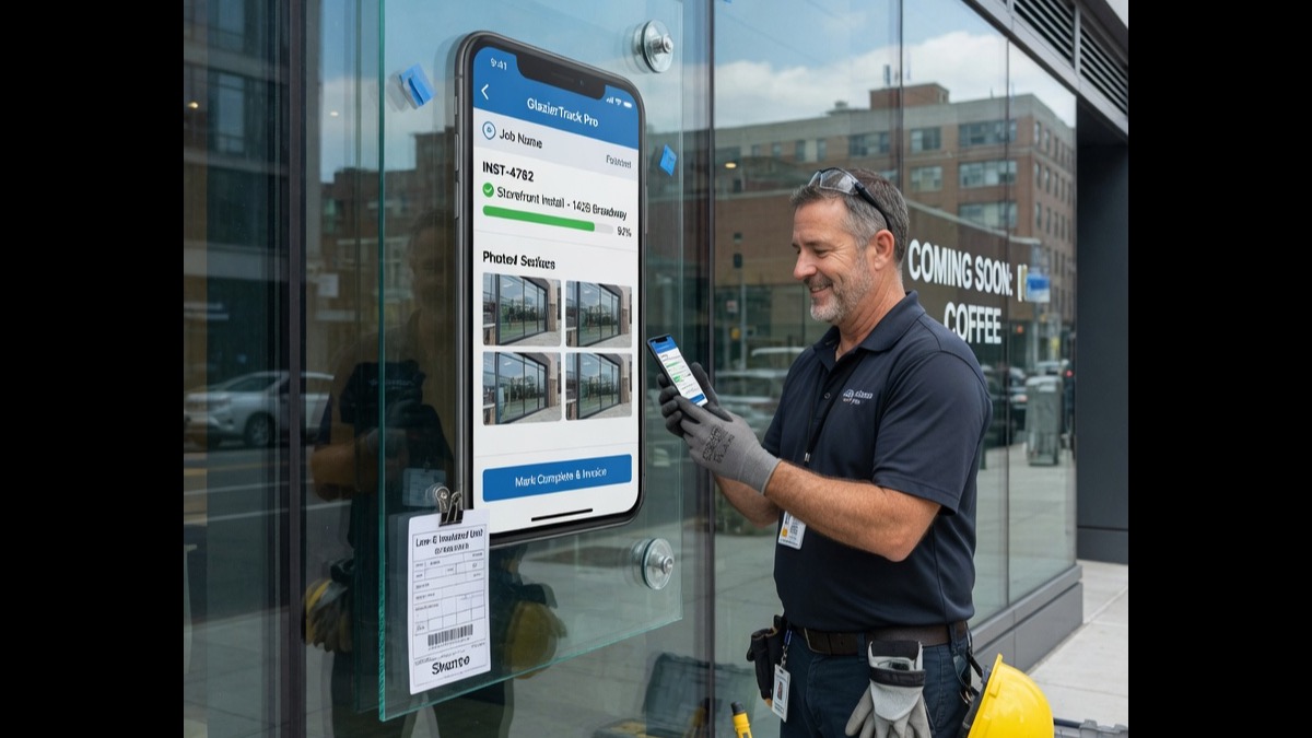 Skylight installer reviews a leak callback brief on his phone beside an open curb on a residential roof