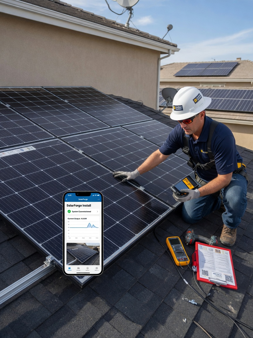 Solar installer reviews a routed lead summary on his phone beside a residential rooftop array