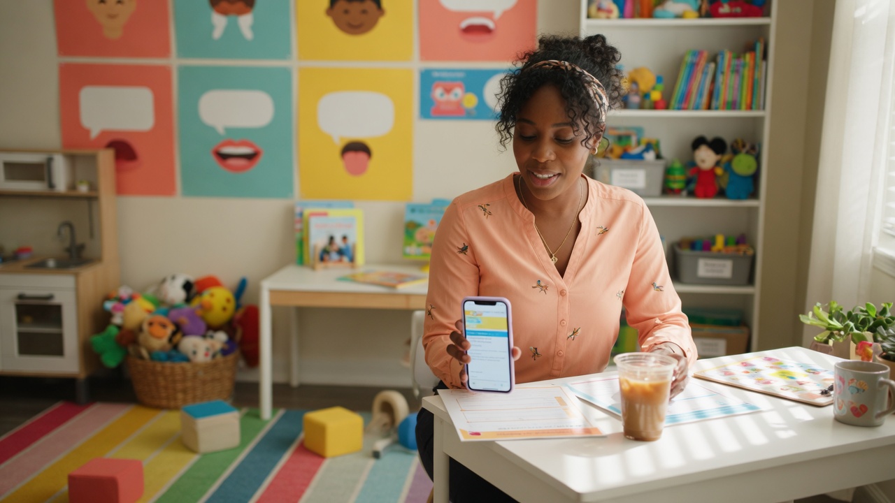 Pediatric speech therapist reviews a new eval intake summary on her phone beside a bright SLP clinic reception desk with toys and picture cards