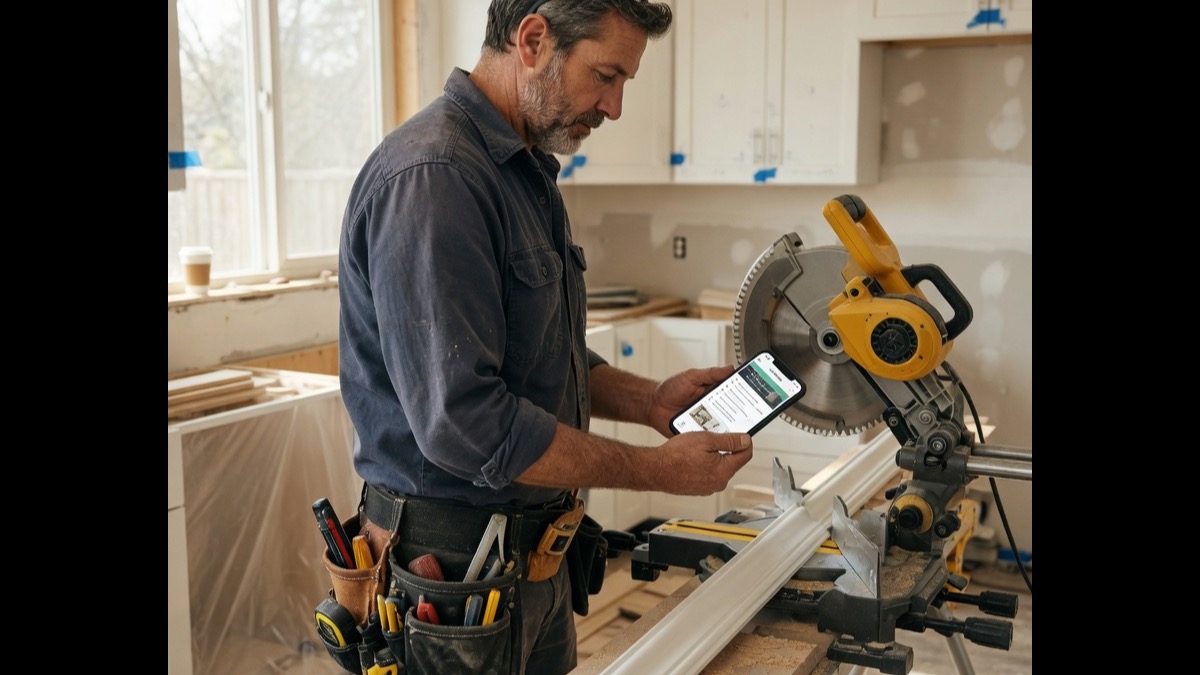 Staircase builder reviews an estimate inquiry brief on his phone beside cut stringers at a residential jobsite