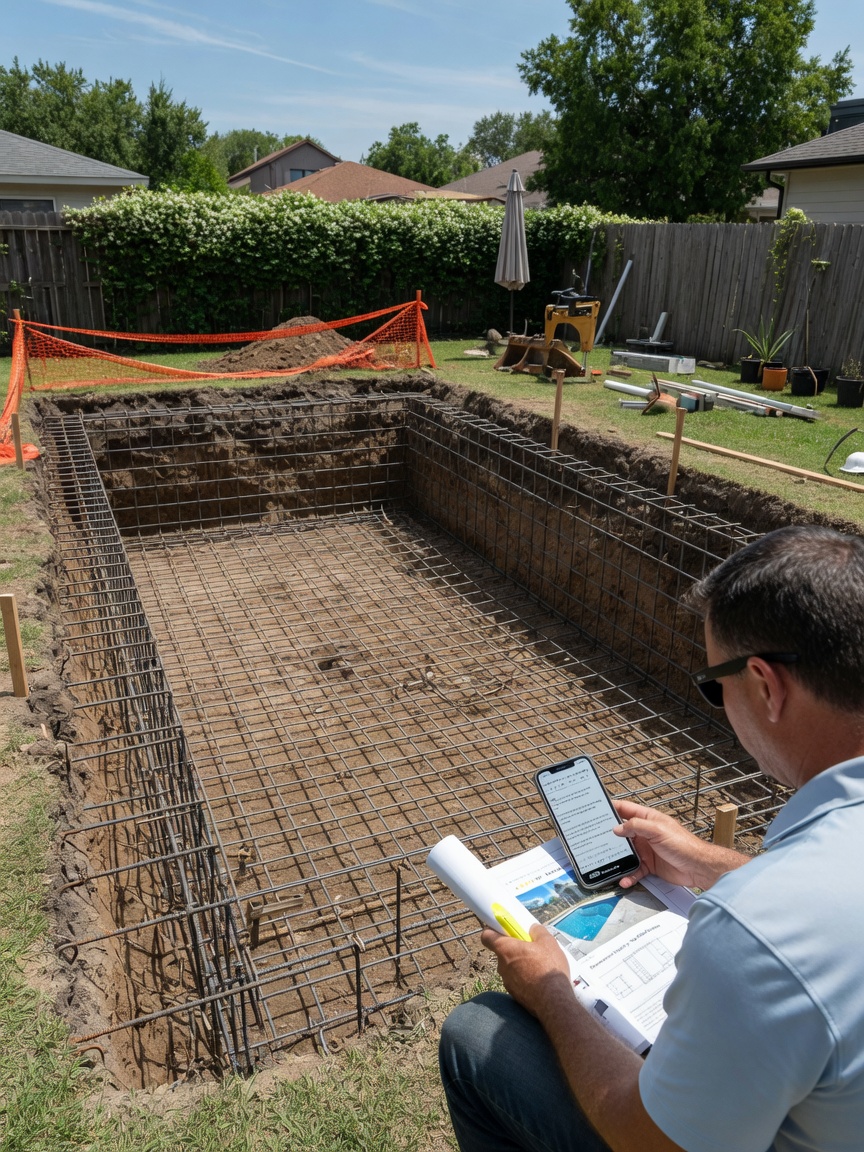 Swimming pool builder reviews a showroom inquiry brief on his phone beside an inground dig site and steel layout