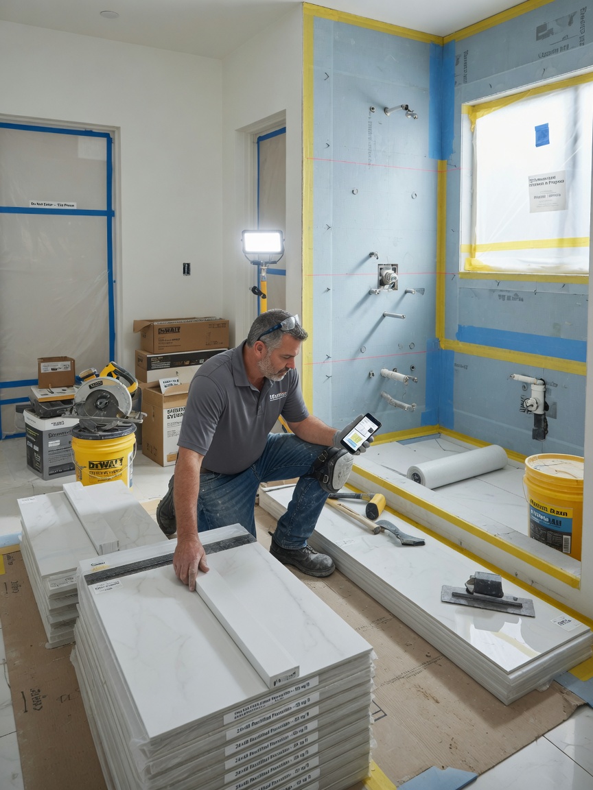 Tile contractor reviews a shower inquiry brief on his phone beside a wet-area membrane install in a bathroom remodel