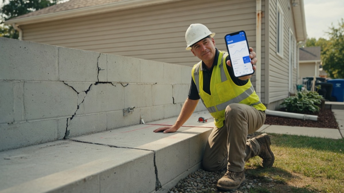 Underpinning specialist reviews an estimate inquiry brief on his phone beside a residential pit excavation at a jobsite