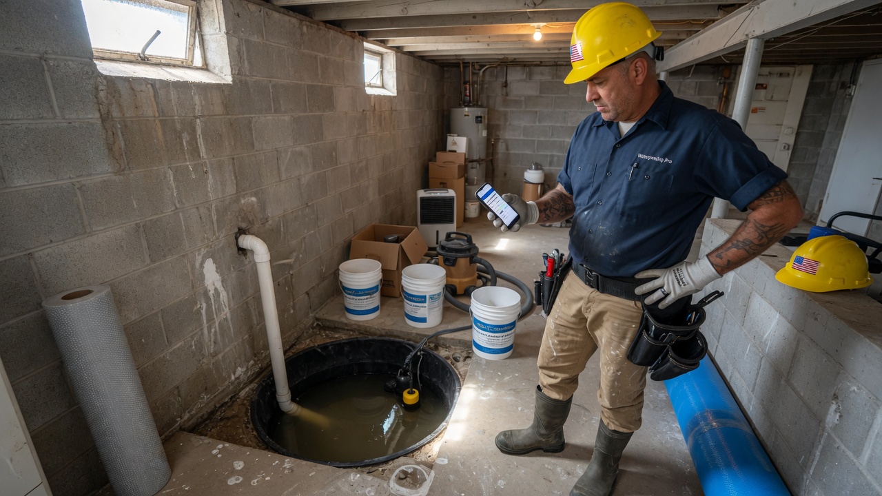 Waterproofing specialist reviews a basement flood inquiry brief on his phone beside a sump pit at a residential jobsite