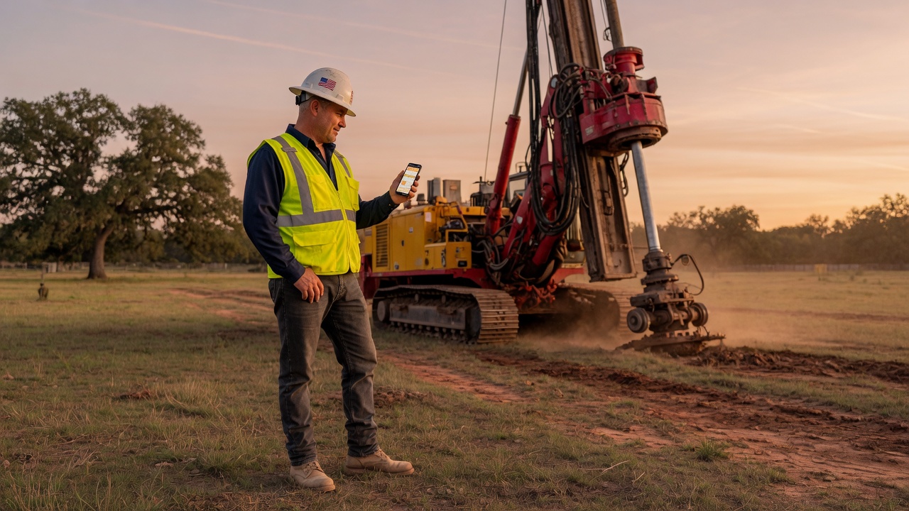 Well driller reviews a rural well inquiry brief on his phone beside stacked steel casing at a jobsite