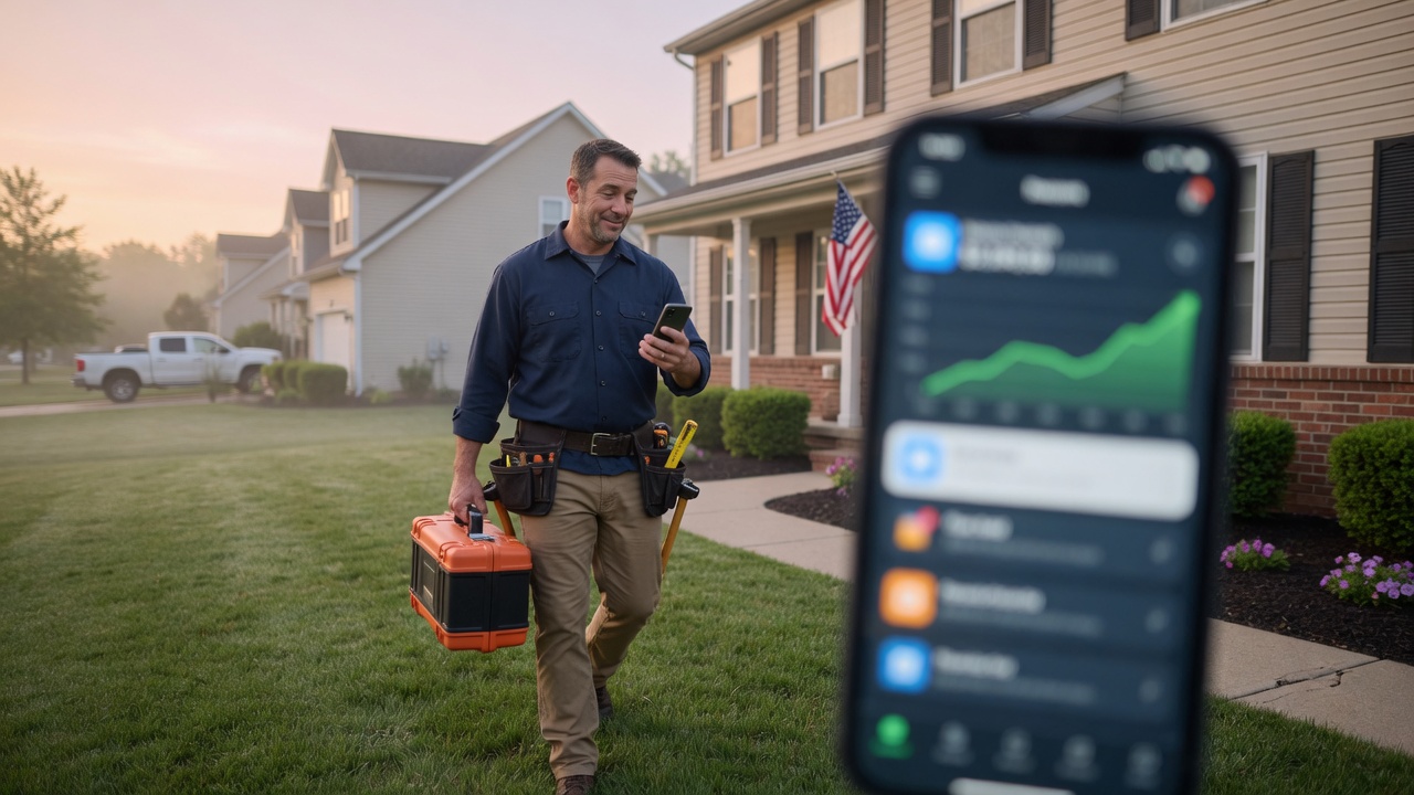Foundation repair specialist reviews a home inspector referral lead summary on his phone between pier installation jobs