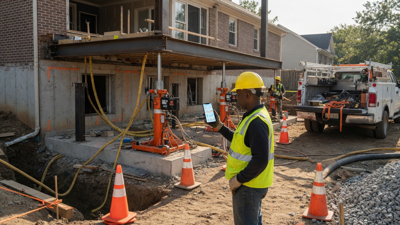 Foundation repair contractor reviews a daily lift progress update draft on his phone beside hydraulic pier equipment