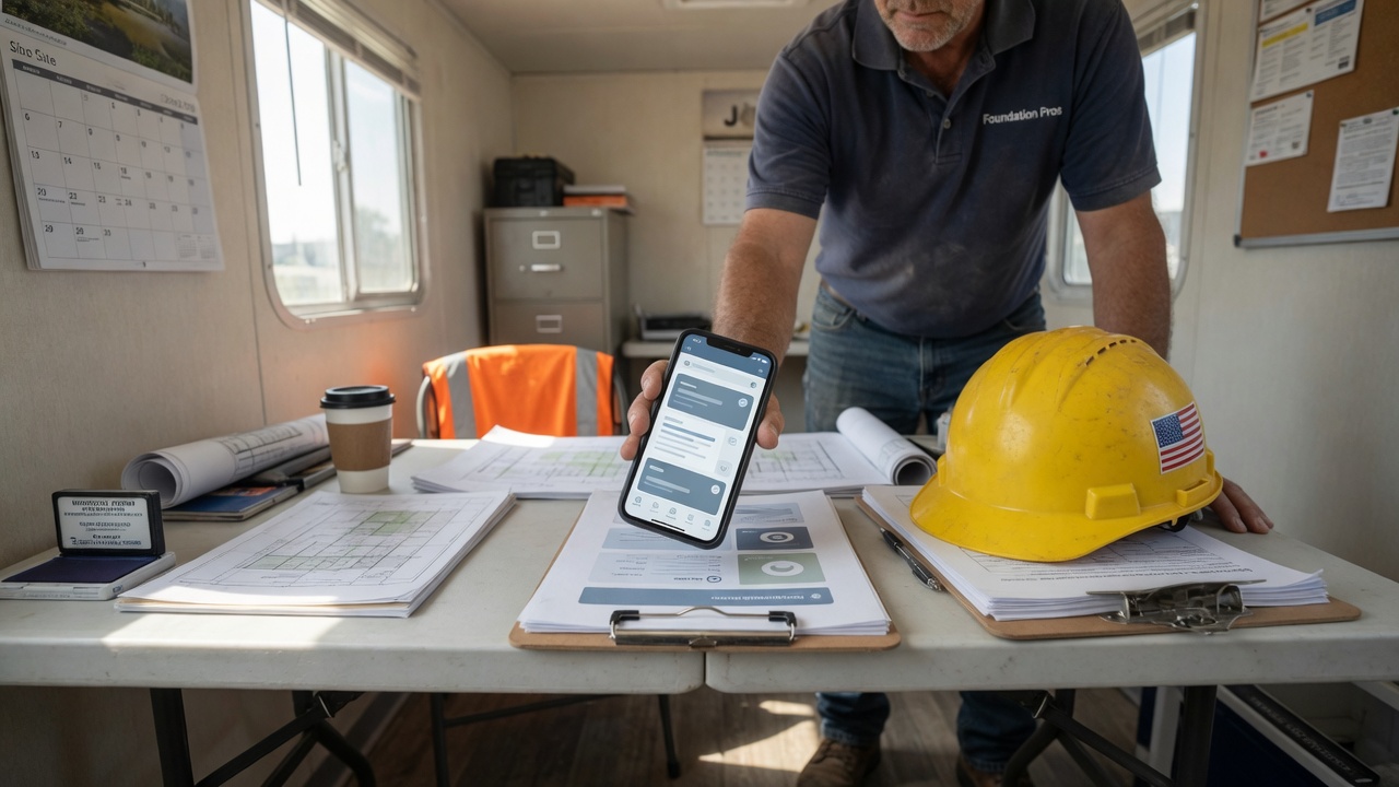 Foundation repair specialist reviews an engineering letter follow-up draft on his phone before mobilizing a pier crew