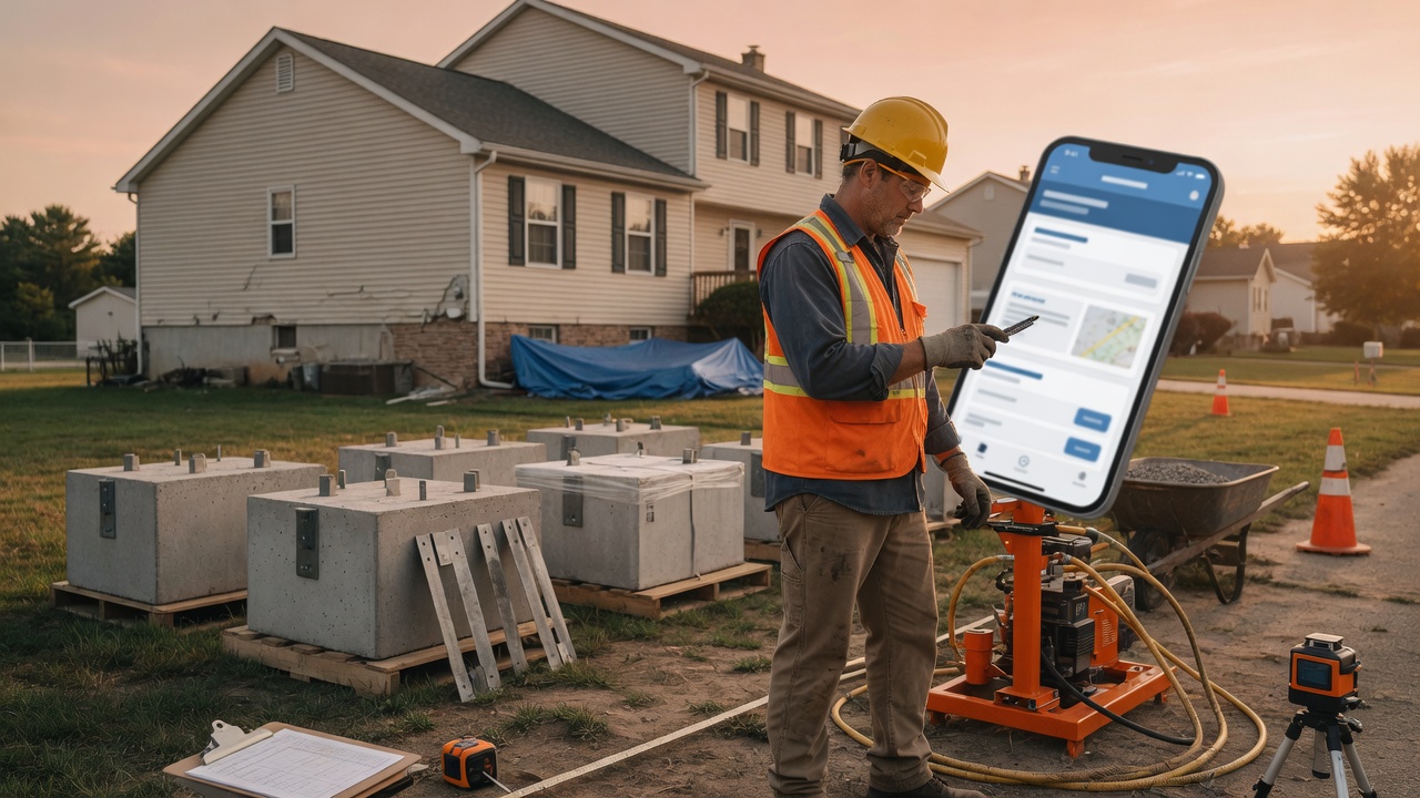 Foundation repair contractor drafts a pier proposal with helical and push pier lines on his phone beside floor level equipment