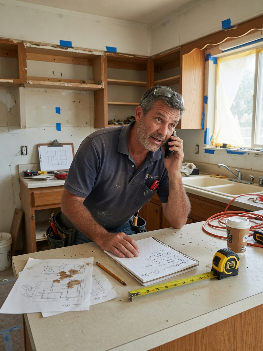 General contractor reviews a remodel bid follow-up draft on his phone between client walkthroughs