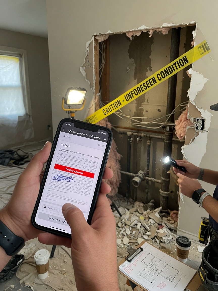 Residential remodeling GC drafts a change order summary on his phone after a site walkthrough